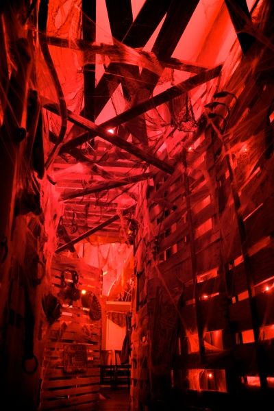 Pallet board walls, gauze, web, & red back lighting.  Nice effect. Haunted House Zombie Room, Haunted House Attraction Aesthetic, Haunted House Layout, Slasher Party, Haunted Palace, Halloween Decorations Indoor Scary, Cultural Decor, Outdoor Halloween Parties, Haunted Maze