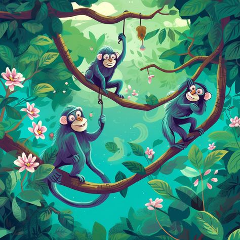 lush green forest with tall trees, vines, and colorful flowers. Longtailed macaque monkeys happily swinging through the branches. cartoon art style, children's book style Hanging Monkey Drawing, Monkey Hanging From Tree Drawing, Monkey On Tree, Jungle Book Monkey, Doodle Kawaii, Monkeys Swinging In A Tree, Swinging Monkey, Jungle Drawing, Lush Green Forest