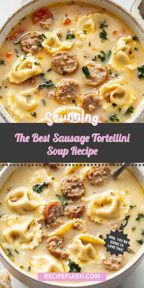 Cozy up with the ultimate comfort food: the Best Sausage Tortellini Soup Recipe! Packed with flavorful sausage, delicious tortellini, and vibrant veggies, this soup is perfect for weeknight dinners. Easy to make and incredibly satisfying, it’s a delightful addition to your soup collection. Italian Sausage Tortellini Soup, Crock Pot Tortellini, Light Dinner Ideas, Cheese Tortellini Recipes, Sausage Tortellini Soup, Sausage Soup Recipes, Sausage Tortellini, Italian Sausage Soup, Best Sausage