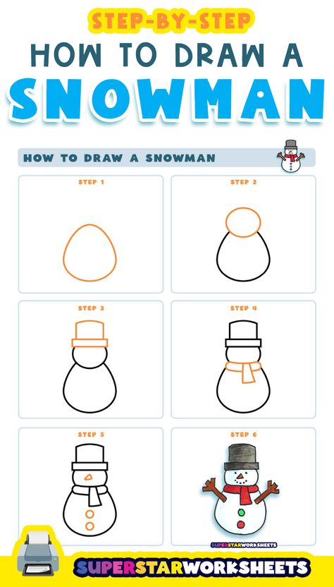 How to draw a simple and easy snowman for kids! This step-by-step snowman drawing tutorial will help your students create their adorable snowman in 6 easy steps! #superstarworksheets #winter #instructions #stepbystep #write #draw How to Draw a Snowman Snowman Directed Drawing For Kids, How To Draw A Snowman Step By Step, Step By Step Drawing Christmas, Christmas How To Draw, Step By Step Christmas Drawings, How To Draw A Snowman, Snowman Drawing For Kids, Snowman Drawing Easy, How To Draw Snowman