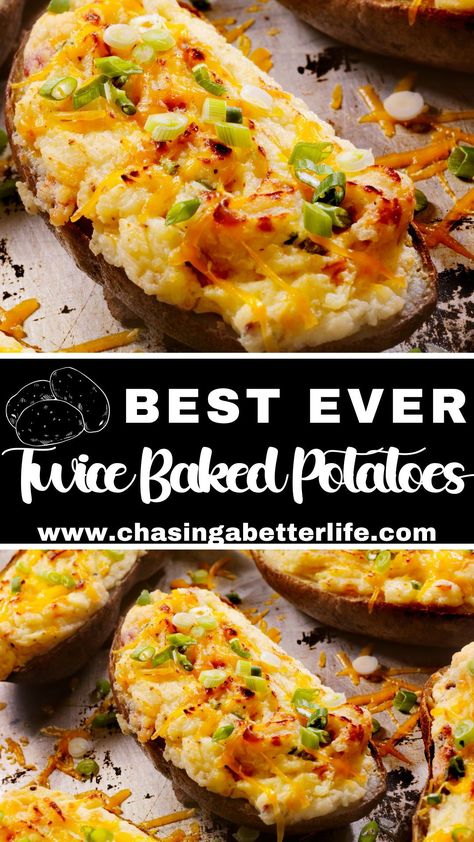 Loaded twice baked potatoes are an indulgently delicious side dish. They are easy but impressive and loaded with flavor. Best of all, they can be made ahead of time and frozen, then served whenever you need a delicious side dish. Twice Stuffed Baked Potatoes, Twice Baked Potatoes In The Oven, Make Ahead Twice Baked Potatoes, Double Stuffed Potatoes, Loaded Twice Baked Potatoes, Double Baked Potatoes, Twice Baked Potatoes Recipe, Best Twice Baked Potatoes, Perfect Potatoes