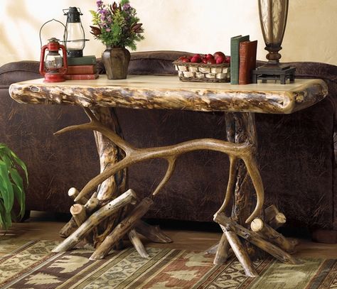 Aspen Elk Antler Console/Sofa Table Camo Furniture, Transitional Living Room Furniture, Meja Sofa, Driftwood Furniture, Rustic End Tables, Furnitur Ruang Keluarga, Cabin Furniture, Antler Art, Elk Antler