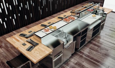 Japanese Teppanyaki Restaurant Design, Sushi Bar Restaurant, Japanese Sushi Restaurant Design, Sushi Kitchen Design, Sushi Counter Design, Sushi Restaurant Interior, Restaurant Kitchen Layout, Sushi Restaurant Design, Sushi Bar Design