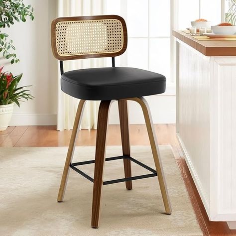 Amazon.com: Bekrvio Swivel Counter Height Bar Stools, Upholstered Faux Leather Barstools with Rattan Back, 26" Seat Height Bar Chairs for Kitchen Island, Bentwood Wood Frame, Black : Home & Kitchen Black Counter Stools, Mid Century Modern Bar, Rattan Bar, Brown Bar Stools, Island Stools, Wood Counter Stools, Stool Wood, Black Bar Stools, Bar Height Stools