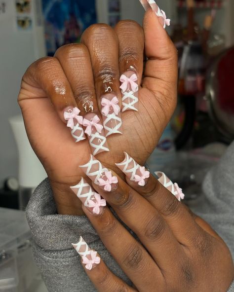 this corset design is everything 🎀🤍 - if you’re seeing this dm @nails.bydaya_ to book an appt 🤍 - - - - - - - - - - - - #whitefrenchnails #whitefrenchie #corset #3dnailartdesign #corsetnails #ballerinanails #frenchtips #longnails #corsetnaildesign #bownails #fyp #gelxnails #gelxnailtech #bptnailtech #ctnailtech #ctnails #bptnails #bridgeportnails #bridgeportct #bridgeportnailtech #bridgeportctnailtech #bridgeportctnails #beginner #notaprofessional #justforfun #nailart #naildesigns #nailinsp... Corset Nails Designs, Corset Nails, White French Nails, 3d Nail Art Designs, Corset Design, Long Acrylic, Ballerina Nails, Dream Hair, Long Acrylic Nails