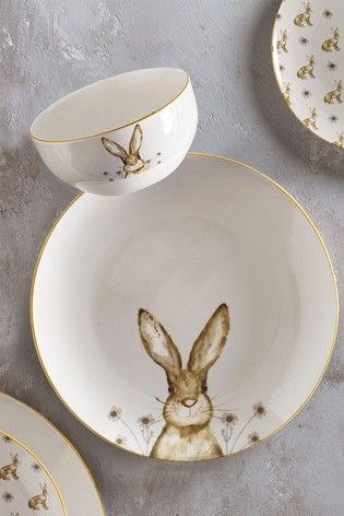 NEXT Harley Hare £35 12 piece set Easter Kitchen, Rabbit Plate, Pet Hotel, 강아지 그림, Pottery Painting Designs, Rabbit Decor, Bunny Designs, Side Plate, China Painting