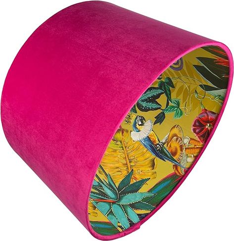 Hot Pink Furniture, Jungle Themed Room, Velvet Lampshade, Table Lamp Bedroom, Tropical Parrot, Ceiling Light Shades, Green Leaf Print, Gold Lamp, Bird Theme