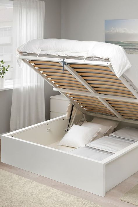 10 Creative Under-Bed Storage Ideas for Clothes, Shoes, and Toys - DIY Under Bed Storage Ikea Leirvik, Cama Ikea, Ikea Bed, Ikea Malm, White Bed, Bed Frame With Storage, Ottoman Bed, Bed Base, Mattress Springs