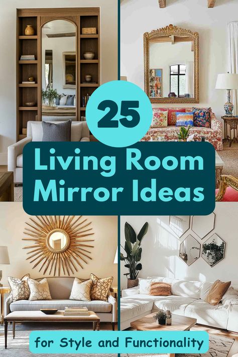 25 stunning mirror ideas to transform your living room! From statement pieces to functional designs, these mirrors add light, depth, and style to any space. Perfect for modern, rustic, or eclectic interiors. #HomeDecor #LivingRoomDesign #MirrorDecor #InteriorInspiration #StylishLivingRooms Mirror In Bookshelf, Stylish Mirror Interior Design, Standing Mirror Decor Living Rooms, Floor Mirror In Small Living Room, Large Mirror Placement Ideas, Mirrors For Living Room Wall, Mid Century Mirror Wall, Mirror Decorating Ideas Living Room, Wall With Mirror Decor