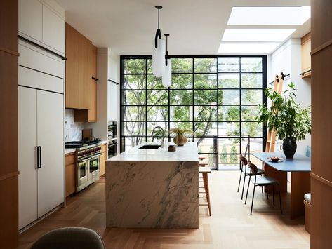 J. Patryce Design | Architectural Digest Brownstone Kitchen, Townhouse Kitchen, Light In Dark, Double Door Entryway, Wooden Side Tables, Vintage Lounge Chair, Property Design, Walnut Dining Table, Oak Kitchen