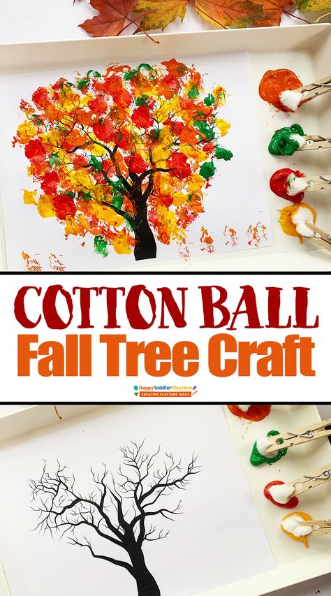 Cotton Ball Fall Tree Craft - Happy Toddler Playtime Fall Tree Craft, Cotton Ball Crafts, Preschool Crafts Fall, Toddler Painting, Halloween Sensory, Fall Preschool Activities, October Crafts, Fall Arts And Crafts, Toddler Arts And Crafts