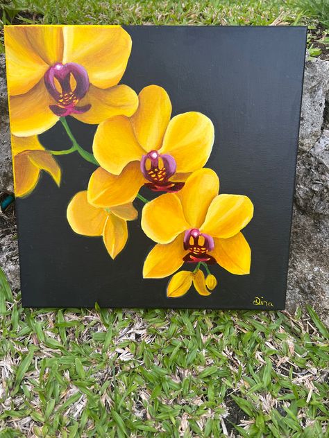 Yellow Flower Painting Easy, Acrylic Pattern Painting, Flower Painting Canvas Acrylic, Orchid Painting Acrylic, Flower Painting Canvas Abstract, Realistic Flower Painting, Yellow Drawings, Painting Inspiration Acrylic, Orchid Flower Painting