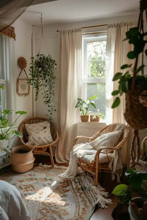 Boho Planty Bedroom, Boho Room With Plants, Small Bedroom Ideas Earthy, Small Room Boho Decor, Organic Boho Bedroom, Greenery Bedroom Ideas, Boho Earthy Bedroom, Modern Natural Bedroom, Small Boho Bedroom Ideas