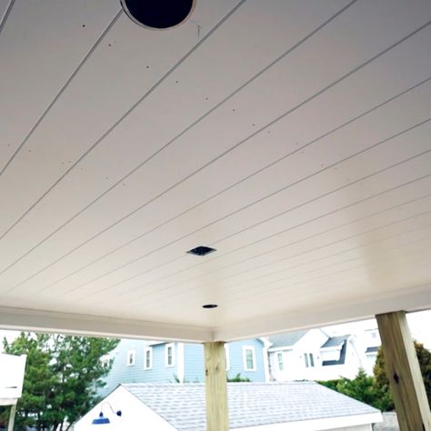 Installing a PVC Porch Ceiling - Fine Homebuilding White Porch Ceiling, Vinyl Porch Ceilings, Vinyl Soffit Ceiling Porches, Plank Porch Ceiling, Outdoor Porch Ceiling Ideas, Porch Ceiling Design Modern, Covered Porch Ceiling Ideas, Outdoor Ceiling Ideas, Patio Ceiling Ideas Outdoor