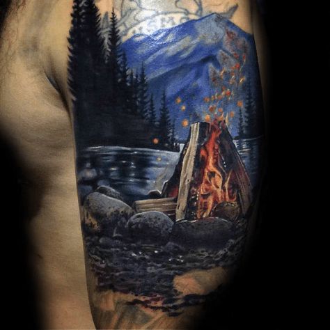 Toss a log in the ink inspiration fire with the top 50 best campfire tattoo designs for men. Explore cool great outdoors and camping ink ideas. #tattoo #ink #art #design #idea #celebrity #ideas #realistic Campfire Tattoo, Wilderness Tattoo, Train Tattoo, Outdoor Tattoo, Firefighter Tattoo, Powerful Symbols, Sunset Tattoos, Connecting With Nature, Hiking Tattoo