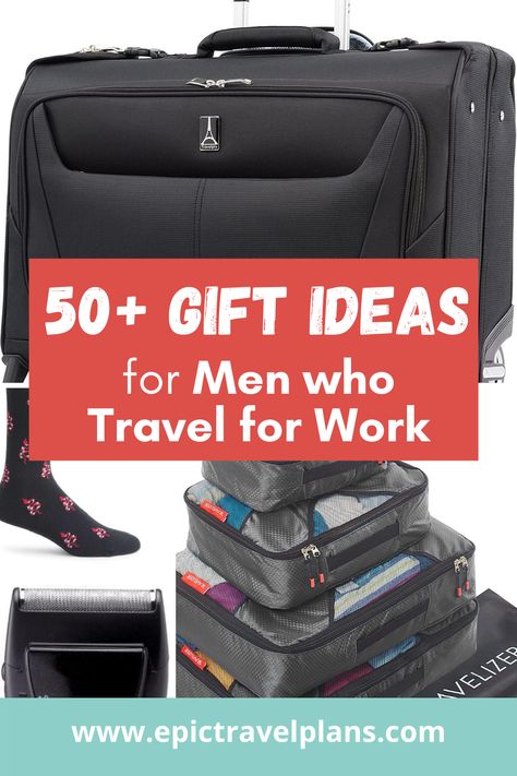 Need massive inspiration for gifts for him? Here are MORE THAN 50 business travel gifts he'll love! Business outfits, travel essentials, travel gadgets. Practical travel gifts AND fun ideas, too. It's the ULTIMATE list of the best gift ideas for men who travel for work! #giftsforhim #giftsfordad #businesstravel #travelgifts #travelgadgets Mens Travel Essentials, Traveling Husband, Gift Ideas For Guys, Travel For Work, Travel Accessories For Men, Best Travel Gifts, Mens Gadgets, Leather Duffel Bag, Gifts For Teen Boys