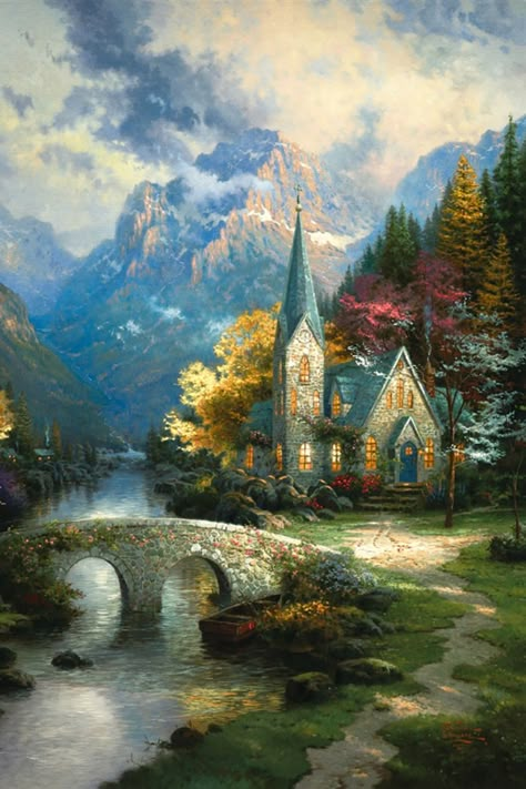 Thomas Kinkade Cottage, Mountain Chapel, Thomas Kinkade Art, Thomas Kinkade Paintings, Thomas Kincaid, Kinkade Paintings, Art Thomas, Sunday Inspiration, Mountain Landscape Painting