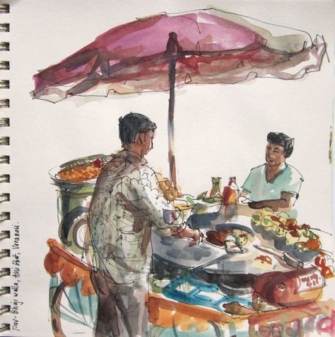 Types Of Sketchbooks, Chaat Street Food, India Street Food, Potato Patty, Sketching People, Food Vendor, India Street, Under An Umbrella, Fried Potato