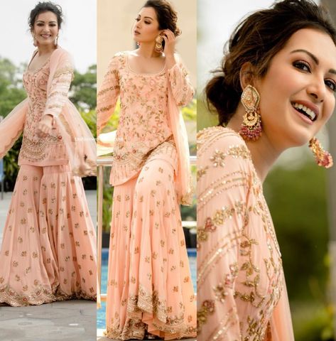 Catherine Tresa in peach sharara suit at Aruvam audio launch | Fashionworldhub Peach Punjabi Suit, Peach Indian Outfit, Peach Sharara Suit, Peach Sharara, Sharara Suit Wedding, Peach Embroidery, Catherine Tresa, Saree Jackets, Sharara Designs