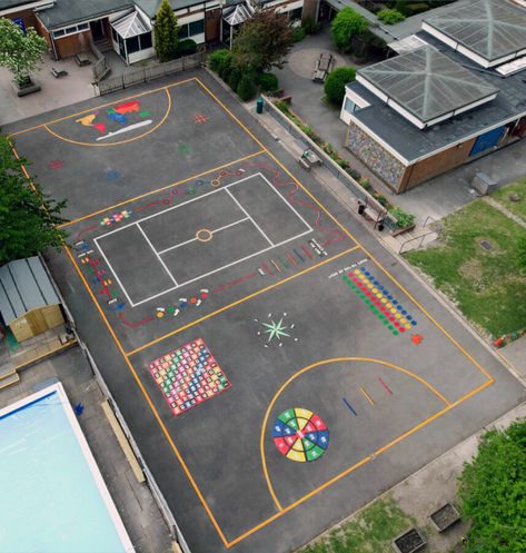 If you’re looking for a fun and colourful way to brighten up your school playground, then our range of playground markings are the perfect solution! We’ve got a huge range of designs to choose from, so you’re sure to find something to suit your school’s needs. School Yard Design, Playground Floor Plan, School Playground Ideas, Playground Flooring Outdoor, School Playground Design, Elementary School Playground, Playground Markings, Playground Painting, Pre Primary School