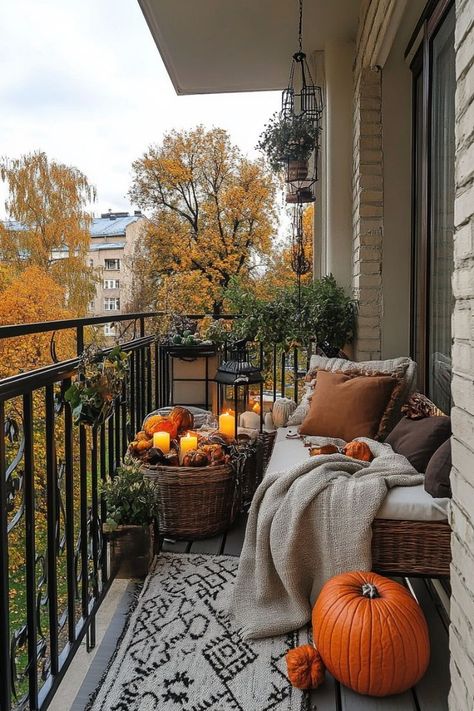 Cozy Fall Decor Ideas: Get ready to snuggle up with these 20 autumn-inspired decorating tips, from rustic porch decorations to warm centerpiece ideas. Create a welcoming atmosphere in your home this season! Check it out and start decorating! #fall #falldecor #fallvibes #aesthetic #fallautumn #autumn #fallaesthetic #orange #houseinspo #white Fall Balcony Decor Apartment, Fall Balcony Decor, Narrow Patio Ideas, Fall Balcony, Apartment Porch Decor, Autum Decorations, Girly Bathroom Decor, Apartment Ideas Aesthetic, Fall Patio