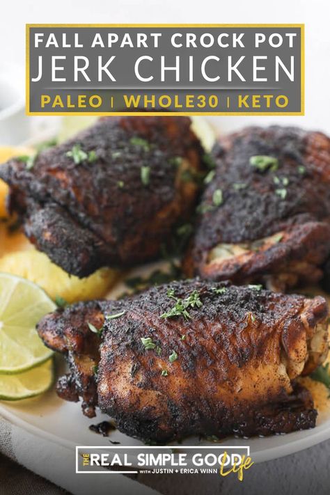 Jerk Chicken Crockpot, Authentic Jerk Chicken, Fall Off The Bone Chicken, Easy Jerk Chicken Recipe, Slow Cooker Jerk Chicken, Jerk Chicken Recipe, Slow Cooker Chicken Thighs, Jamaican Jerk Seasoning, Paleo Chicken Recipes