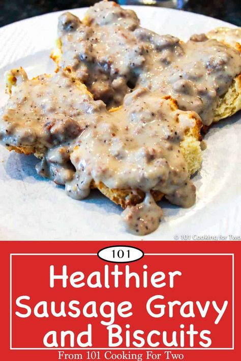 Biscuits and Gravy are classic comfort food. Now, with this low-fat version, you can enjoy your favorite without by-pass surgery. One biscuit (two halves) plus sausage gravy goes from 540 calories to 216 (60% lower). The fat drops from 34 grams to only 3 (over 90% lower)—amazing. Low Fat Biscuits, Gravy And Biscuits, Sausage Gravy And Biscuits, Best Healthy Diet, Cucumber Diet, Best Diet Foods, Baking Powder Uses, Healthy Eating Diets, Classic Breakfast