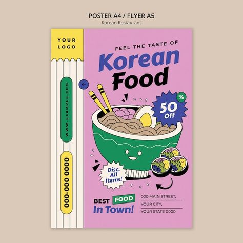 Korean restaurant poster template | Free Psd #Freepik #freepsd #culinary #restaurant-flyer #restaurant-poster #korean-food Personal Branding Logo Design, Food Festival Poster, Instagram Posts Template, Personal Branding Logo, Contemporary Graphic Design, Restaurant Poster, Poster Template Free, Free Psd Flyer, Restaurant Flyer