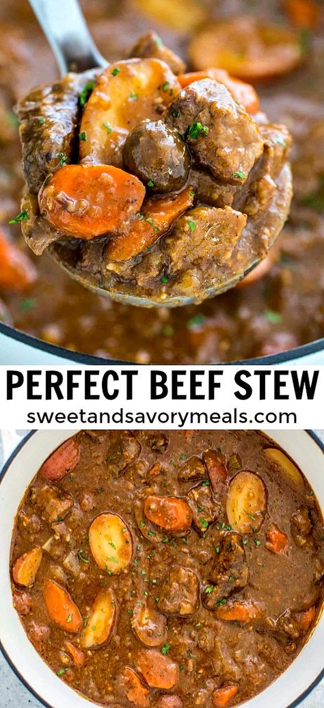 Beef Stew is easy to make with tender fall apart beef and hearty vegetables. It is super flavorful, rich, and PERFECT for cold days. #beef #beefrecipes #beefstew #sweetandsavorymeals #easyrecipe #dinnerrecipes Beef Stew Video, Fall Comfort Food, Fall Cooking, Fall Dinner Recipes, Winter Dinner, Fall Dinner, Beef Stew, Stew Recipes, Winter Food