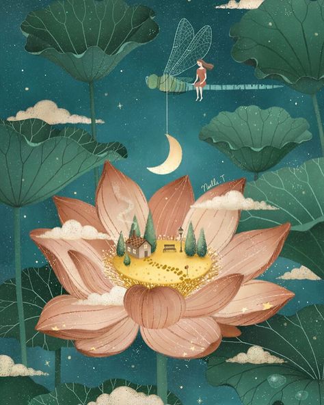 Noelle.T on Instagram: “'Tale of A Lotus' 🌙✨ . . . . . . #lotus #artwork #flower #art #illustration #illustrationartists #painting #illustgram #illustrator…” Ocean Creatures Art, Lotus Artwork, Chinese Folk Art, Moon Fairy, Flower Moon, Lotus Art, Pop Art Wallpaper, Art Fantasy, Digital Art Illustration