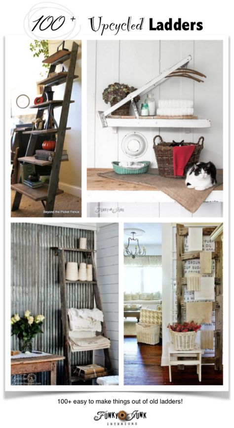 100+ easy to make upcycled ladder projects, on FunkyJunkInteriors.net Old Wooden Ladder Ideas, Wooden Ladder Ideas, Old Ladder Decor, Old Ladder Ideas, Upcycle Ladder, Old Wooden Ladders, Recycled Windows, Ladder Ideas, Old Ladder