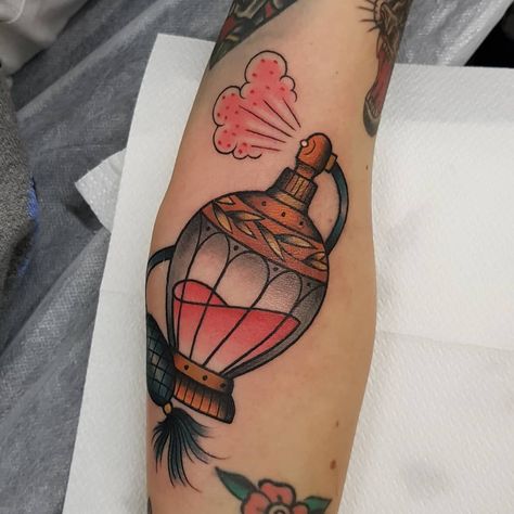 Old School Perfume Bottle Tattoo, Love Potion Tattoo Traditional, Perfume Bottle Tattoo Traditional, Vintage Perfume Tattoo, Old Perfume Bottle Tattoo, Traditional Perfume Bottle Tattoo, Vintage Perfume Bottle Tattoo, Perfume Tattoo, Trad Sleeve