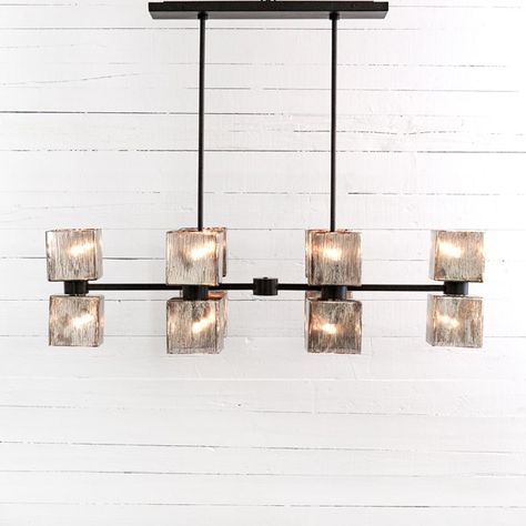 Four Hands Look Book Feature Item: Ava Linear Chandelier-Antiqued Iron Office Inspo, Antique Iron, Linear Lighting, Linear Chandelier, High Fashion Home, Four Hands, Burke Decor, Glass Chandelier, Glass Material