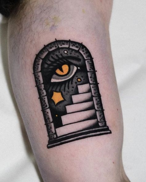 Chirima on Instagram: "Portal for Michel🚪 Done at @truelovetattoocollective #portal#colortattoo" Door Tattoo Traditional, Traditional Doorway Tattoo, Traditional Portal Tattoo, Portal Tattoo Ideas, Portals Tattoo, Doorway Tattoo, Portal Drawing, Portal Tattoo, Filler Tattoo Designs