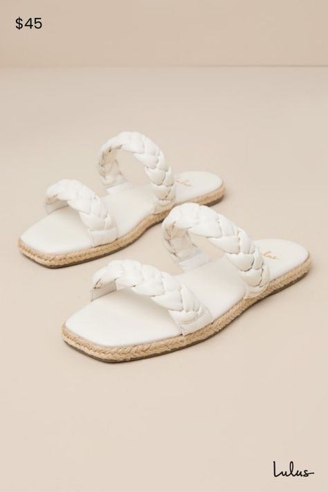 Step into summer with a fresh new look thanks to the Lulus Kennmar Off White Leather Braided Espadrille Slide Sandals! These smooth genuine leather sandals have a comfortable slide-on design, two braided straps, and a square toe bed. Sole is trimmed in beachy jute for a Boho-inspired finish. 0. 5" Rubber heel. Cushioned insole. Rubber sole has nonskid markings. Genuine leather upper. Balance man made materials. Imported. Lulus | Kennmar Off White Leather Braided Espadrille Slide Sandal Heels. Woven Leather Sandals For Summer, Summer Leather Sandals For Beach Season, Summer Beach Sandals With Woven Leather, Flat Woven Leather Sandals For Beach, Leather Slides For Beach In Summer, Leather Slides For Summer Beach, Summer Sandals With Braided Straps For Outings, Leather Slides For Summer Beach Outings, Sandals With Braided Straps For Summer Outings