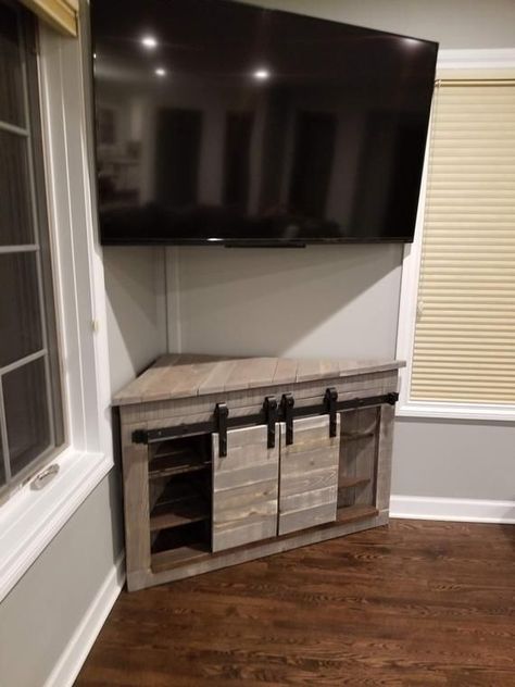 Bedroom Furniture Redo, Barn Door Entertainment Center, White Barn Door, Corner Tv Stand, Corner Tv, Diy Barn Door, Corner Unit, Sliding Barn Door, Living Room Tv