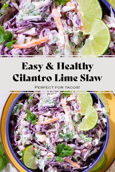 Whether you're looking for a slaw for your fish tacos or a fresh crunchy side to serve instead of classic coleslaw, you'll love this Cilantro Lime Slaw! It's incredibly easy to make, fresh, crunchy, and so flavorful. It's a healthier take on the classic coleslaw and it can be made vegan! via @healthfulideas Coke Slaw, Slaw For Fish Tacos, Classic Coleslaw, Quinoa Chickpea Salad, Lime Slaw, Easy Spring Recipes, Creamy Avocado Dressing, Cilantro Lime Slaw, Avocado Salad Dressing