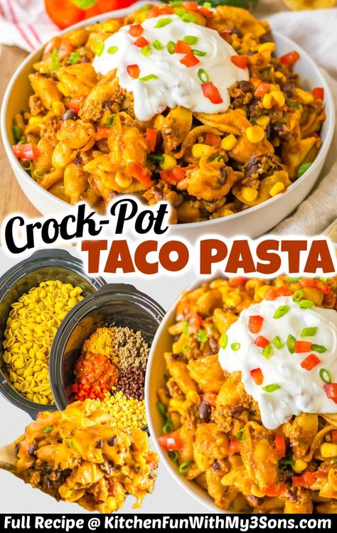 Easy Crockpot Recipes Taco Pasta, Kitchen Fun With My Three Sons, Crockpot Taco Pasta, Crockpot Mexican Lasagna, Cheesy Taco Pasta, Crockpot Taco, Taco Pasta Recipes, Crockpot Meatballs, Crockpot Pasta