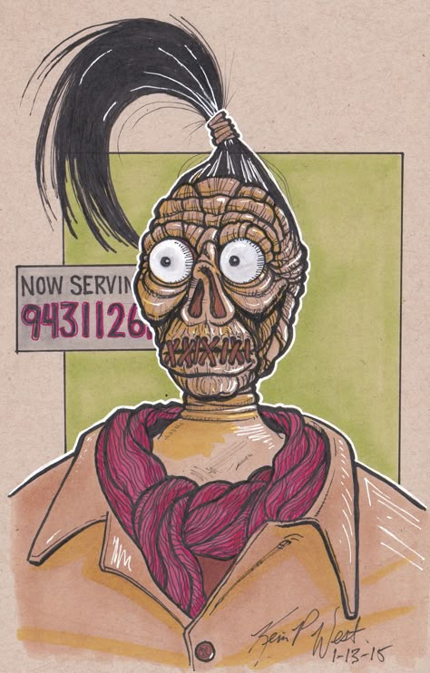 Shrunken Head Dude from the movie "Beetlejuice". Copic markers on toned bristol board. Beetlejuice Shrunken Head Tattoo, Beetle Juice Shrunken Head, Shrunken Head Drawing, Beetlejuice Art Drawings, Beetlejuice Drawing Easy, Beetlejuice Drawings, Beetlejuice Shrunken Head, Beetlejuice Waiting Room, Shrunken Head Tattoo