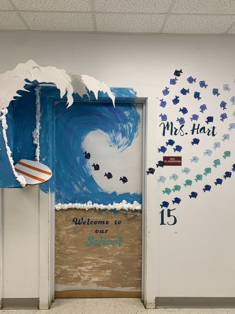 Beach Classroom Door, Beach Theme Door, Beach Hallway Decorations School, Beach Door Decorations Classroom, Beach Theme Classroom Door, Beach Door Decoration, Classroom Beach Decor, Ocean Door Decorations Classroom, Ocean Theme Classroom Door