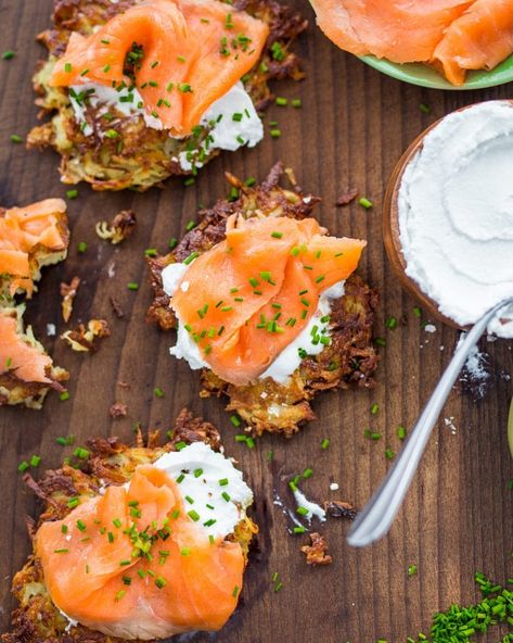 Potato Latkes with 'Sour Cream' and Smoked Salmon - Whole30 | PrimalGourmet Potato Latkes Smoked Salmon, Smoked Salmon Latkes, Alaskan Breakfast, Heal Hormones, Salmon Pancakes, Aip Sides, Primal Gourmet, Hannukah Recipes, Whole30 Breakfast