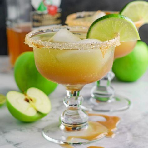 Caramel Apple Margarita Caramel Apple Cider Margarita, Caramel Apple Margarita, Green Apple Cocktails, Apple Margarita, Sour Apple Pucker, Caramel Drinks, Apple Pucker, Apple Cocktail, Cocktail Drinks Alcoholic