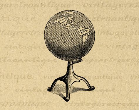 Globe Image, Antique Globe, Vintage Clip Art, Earth Planet, Throw Pillow Fabric, Earth Map, Retro Artwork, Map Graphic, Antique Illustration