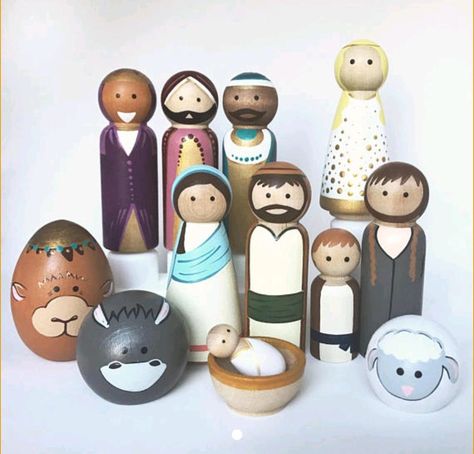 Wooden Peg Doll Nativity Nativity Diy, Peg Doll Nativity, Nativity Peg Doll, Wooden Nativity, Diy Nativity, Wood Peg Dolls, Peg People, Clothespin Dolls, Nativity Crafts