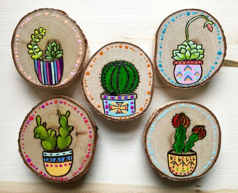 >>>>>painted on small wooden circles attached to a magnet piece >>>>>>>>Cactus Art Magnets hand painted and wood burned Cactus Nails, Cactus Background, Cactus Indoor, Painting Cactus, Diy Cactus, Garden Cactus, Cactus Craft, Indoor Cactus, Cactus Diy