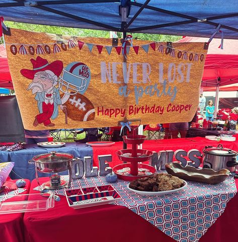 My first football tailgate banner, plus a little HBD! #tailgateparty #olemiss #thegrove #happybirthday #handpaintedsigns Gameday Banner, Painted Banners, Campus Activities, College Tailgating, Football Tailgate, Ribbon Banner, Ole Miss, Tailgate Party, Hand Painted Signs