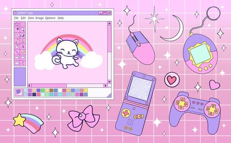 Kawaii elements set for Gamer Girl in 90s vaporwave style Gamer Girl Aesthetic Wallpaper, Gamer Girl Aesthetic, 90s Vaporwave, Aesthetic Blur, 90s Games, Pink 90s, Smile Drawing, Virgo Art, Pink Games