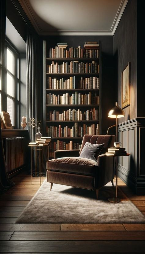 Dark Wall Bookshelves, Mens Reading Nook, Dark Academia Reading Corner, Dark And Moody Library Room, Vintage Wall Bookshelf, Dark Moody Reading Nook, Cozy Moody Office, Small Dark Office Ideas, Moody Reading Corner