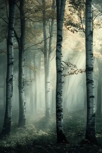 ↑↑↑ Larger size on website 🔸 A dense forest of tall birch trees is shrouded in fog. The sun's rays pierce through the mist, creat Dense Forest, Birch Forest, Night Forest, Fallen Leaves, Forest Trees, Birch Trees, Forest Floor, The Mist, Birch Tree