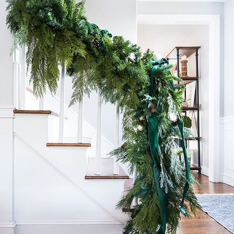 Easy DIY Christmas stair garland. Faux garland made thick and lush with real pieces. See the full tutorial in her story highlights! #jennakateathome #diy #christmas Christmas Stairs, Christmas Staircase, Toxic Vision, Natural Christmas Decor, Elegant Christmas Decor, 2024 Ideas, Christmas Decor Inspiration, Holiday Garlands, Natural Christmas